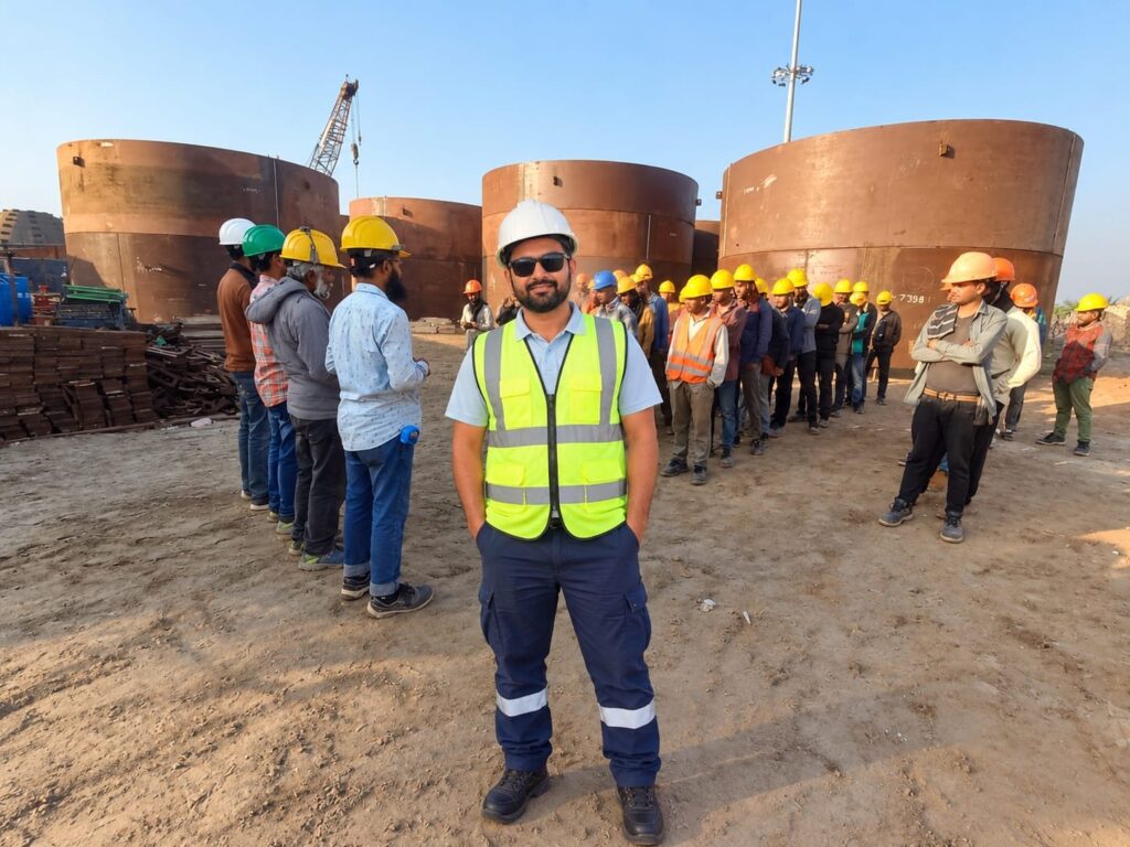 Md. Humayun Kabir, Founder and Proprietor of Khulna City Engineering, on a tank project site with the site team